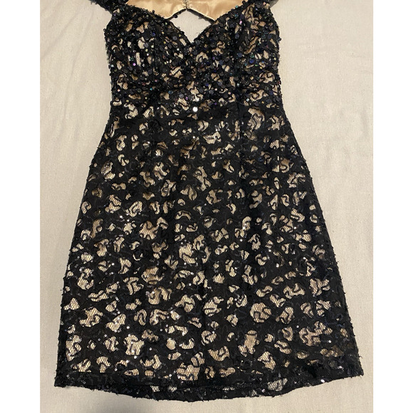 Hannah S Formal Dark Mini Dress Size 4 Sequin Black/Nude Lace Cocktail Party - Picture 4 of 10